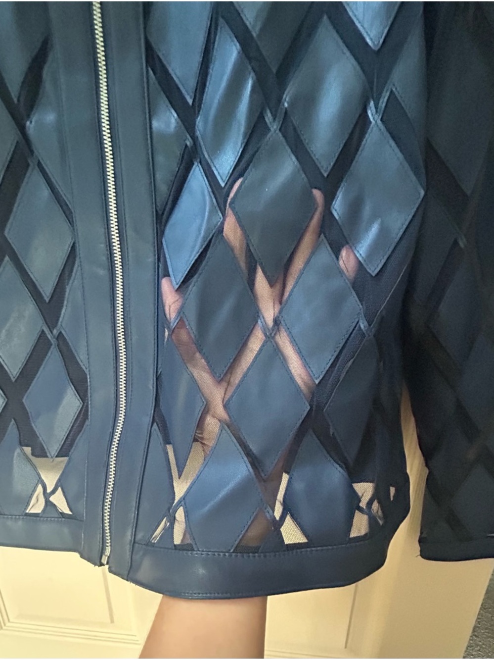 Colleen Lopez Navy Blue Faux Leather & Mesh Diamond Cutout Jacket Size L - Picture 6 of 10